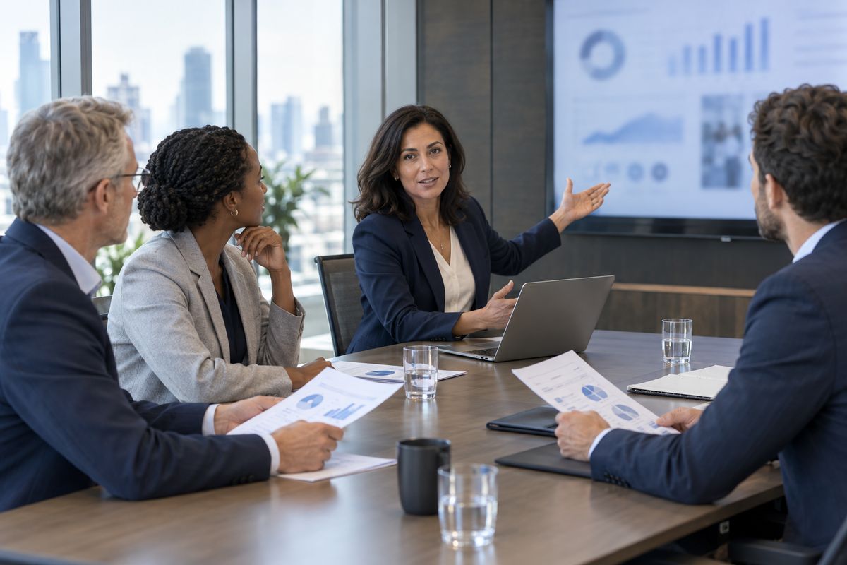 Healthcare leaders reviewing reports in a conference room